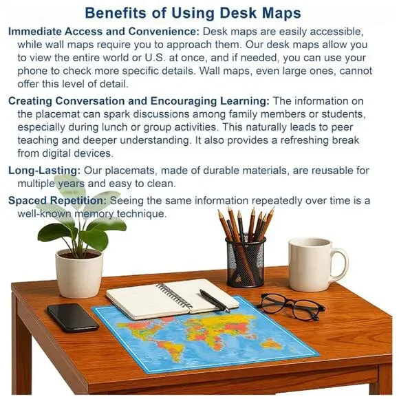 2 Sided Desk Map with Durable Lamination US & Europe Centered World (2-PACK) - Picture 4 of 4